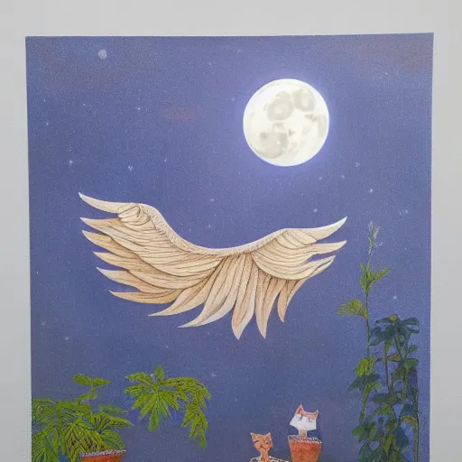 Image similar to 'a cat with two wings flying the sky with the moon. lighting, three plants by Lin Xiao