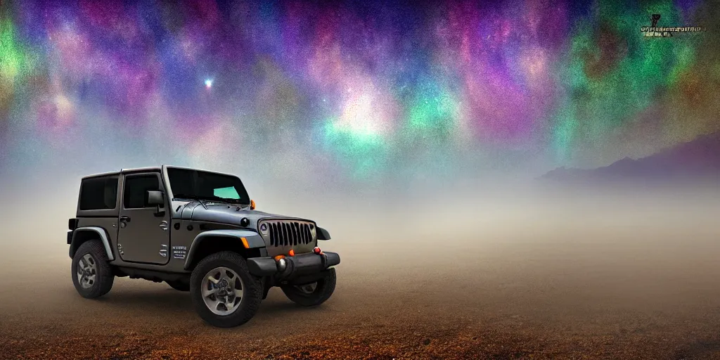 Prompt: lonely dirty 1997 hardtop Jeep Wrangler off road, digital painting, beautiful iridescent fog swallows the dirty alien planet, planets can be seen in the sky above, in front of an amazing forest, gritty, cinematic, extraordinary colorful landscape, photorealistic, ultra realistic, lights and shadows, beautiful reflections, smooth