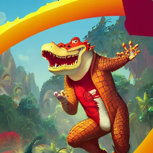 Image similar to in the style of artgerm, loish and ross tran, anthropomorphic alligator, red scales on his back, yellow scale on his belly and chest, male, waring a hawaiian shirt, in the style of zootopia