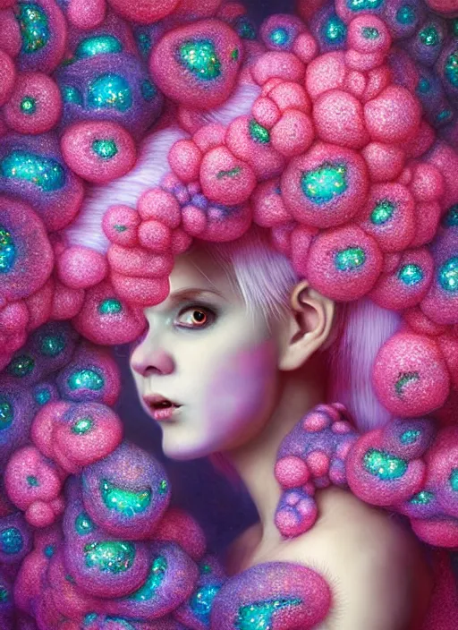 Image similar to hyper detailed 3d render like a Oil painting - kawaii portrait Aurora (white haired Singer Ferret) seen Eating of the Strangling network of yellowcake aerochrome and milky Fruit and Her delicate Hands hold of gossamer polyp blossoms bring iridescent fungal flowers whose spores black the foolish stars by Jacek Yerka, Mariusz Lewandowski, Houdini algorithmic generative render, Abstract brush strokes, Masterpiece, Edward Hopper and James Gilleard, Zdzislaw Beksinski, Mark Ryden, Wolfgang Lettl, hints of Yayoi Kasuma, octane render, 8k