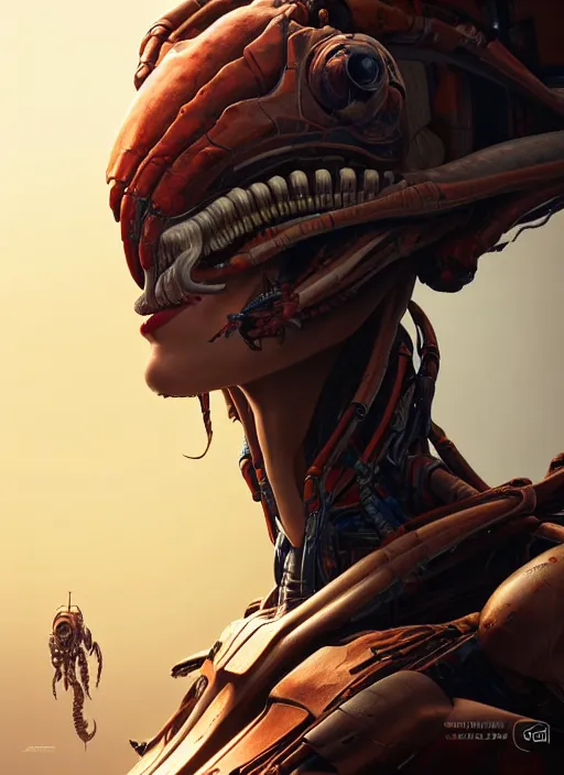 Image similar to asymmetrical!! portrait of an alien with large tubes in face in the style of, machine face, intricate, elegant, highly detailed, digital painting, artstation, concept art, smooth, sharp focus, illustration, art by artgerm and greg rutkowski and alphonse mucha, horizon zero dawn 8 k