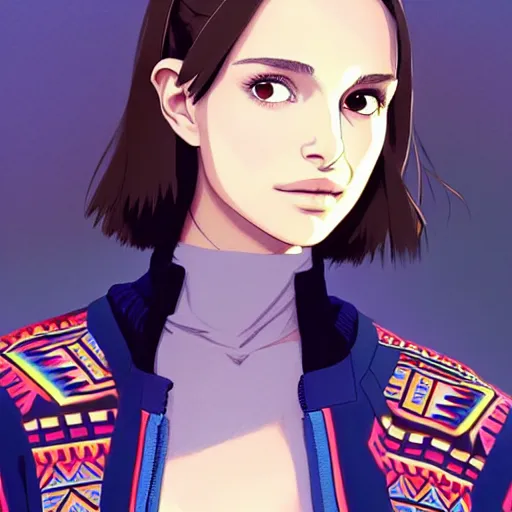 Prompt: a beautiful! boyish! natalie portman alluring gravure! model, wearing oversized aztec bomber jacket and leotard, poofy bomber jacket with mayan patterns, gapmoe yandere grimdark, trending on pixiv fanbox, painted by greg rutkowski makoto shinkai takashi takeuchi studio ghibli, akihiko yoshida