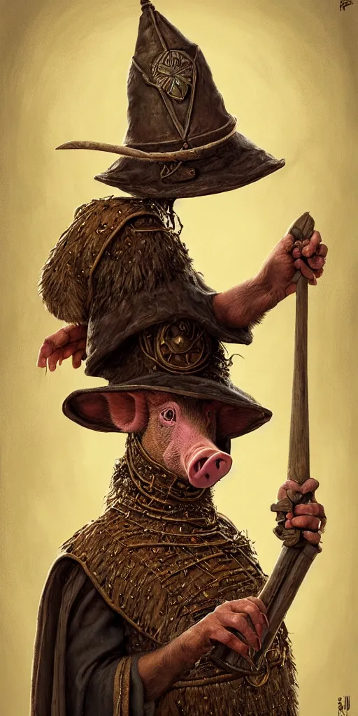 Image similar to rpg! profile!!! portrait of humanoid pig on white background, wizard hat, wizard cloak, surreal, vintage doll, intricate, highly detailed, digital painting, artstation, concept art, smooth, sharp focus, illustration, art by norman rockwell emiliano ponzi andrey remnev yoann lossel aaron jasinski, 8 k