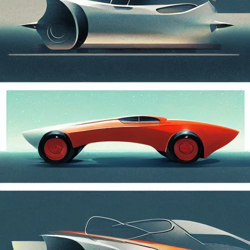 Prompt: retro futuristic car ad by tyler edlin and petros afshar and christopher balaskas and marius borgeaud and kiliain eng, atomic age maximalist, art nouveau, well proportioned, highly detailed