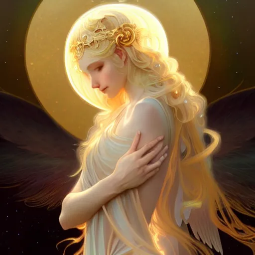 Image similar to Winged girl angel with blonde hair and glowing halo, iridescent, seraphim, fantasy, intricate, elegant, highly detailed, digital painting, artstation, concept art, smooth, sharp focus, illustration, art by Krenz Cushart and Wenqing Yan and alphonse mucha