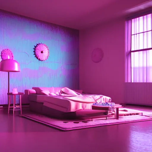 Image similar to vaporwave 9 0 s surreal room, highly detailed, 3 d render, vray, octane, realistic lighting, photorealistic