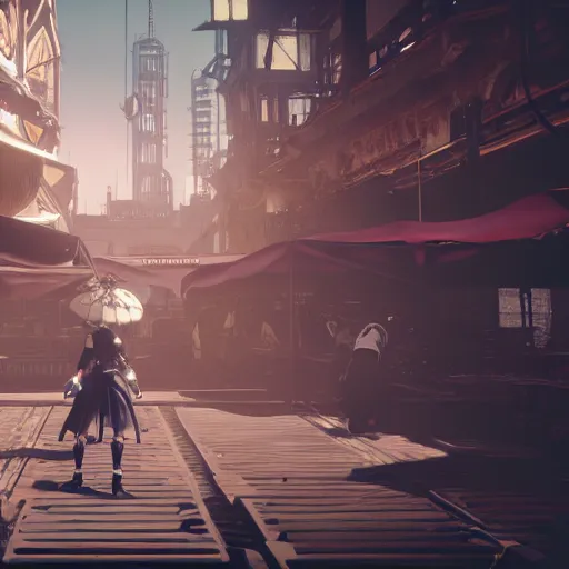 Prompt: Screenshot from Nier Automata in a bustling market