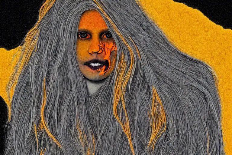 Image similar to An ethereal illustration of a beautiful creature with orange-yellow skin, white eyes and long hair and teeth, in the style of a color photograph. This piece is so surreal I didn't want to make it digital. I wanted to keep the digital as Pixelated as I could. This was told to me through the