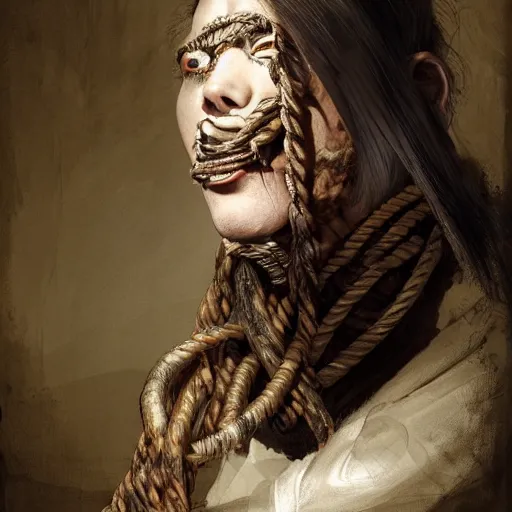 Image similar to portrait of a Shibari rope wrapped around the face and neck of an old cyborg merchant, mouth wired shut, headshot, insanely nice professional hair style, dramatic hair color, digital painting, of a old 17th century, amber jewels, baroque, ornate clothing, scifi, realistic, hyper detailed, chiaroscuro, concept art, art by Franz Hals and Jon Foster and Ayami Kojima and Amano and Karol Bak,