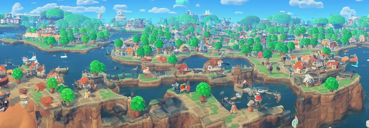 Prompt: a beautiful port town as seen from above in the style of animal crossing new horizons and ori and the blind forest h 6 4 0