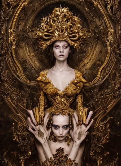 Image similar to a portrait of female by stefan geselle and nekro borja, photorealistic, intricate details, hyper realistic, fantasy, elegant, baroque gold headpiece, photorealistic, canon r 3, photography, wide shot, symmetrical features, wide angle shot, head to toe, standing pose, feet on the ground, wearable art