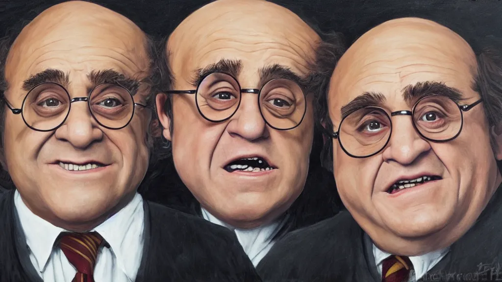 Image similar to Harry Potter played by Danny DeVito, oil painting