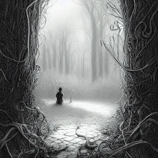 Image similar to door to another world in a forest, Michael Whelan, artstation, Martin McKenna, pen and ink, black and white