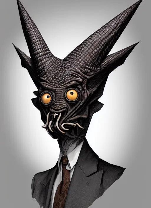 Image similar to anthropomorphic triangle head in edgy darkiron mr. bean, intricate, elegant, highly detailed animal monster, digital painting, artstation, concept art, smooth, sharp focus, illustration, art by artgerm, richard corben, trending on artstation and greg rutkowski and alphonse mucha, 8 k