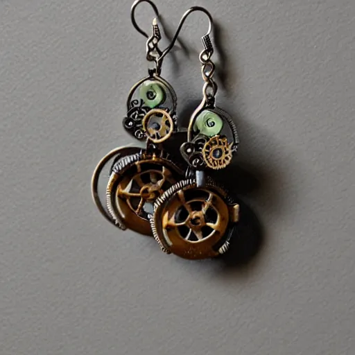 Image similar to Steampunk earring design, polymer clay earrings, product photography, studio photo