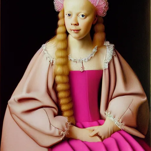 Image similar to beautiful blonde princess in pink dress, hyperrealism oil painting, jan van eyck