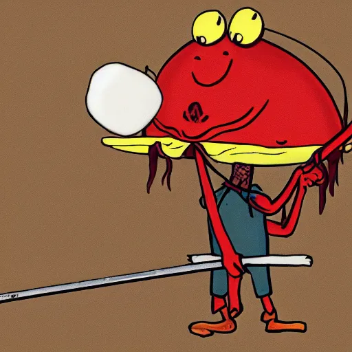 Prompt: cartoon crab holding a bindle stick hitchhiking bill Watterston
