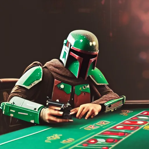 Image similar to photo of Boba fett playing roulette, high quality, cinematic, 4k, strong bokeh