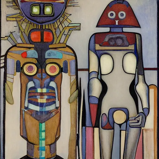 Image similar to portrait of a robot shaman, by annie swynnerton and edward hopper and diego rivera and jean delville and rufino tamayo and evelyn de morgan, art deco shaman, stylized geometric flowers, art brut, outsider art, symbolist, dramatic lighting, god rays, clean crisp graphics, smooth sharp focus, extremely detailed, adolf wolfli