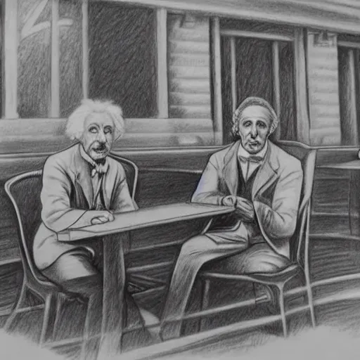 Image similar to Einstein and Tesla sitting at cafe, pencil drawing, ultra detailed