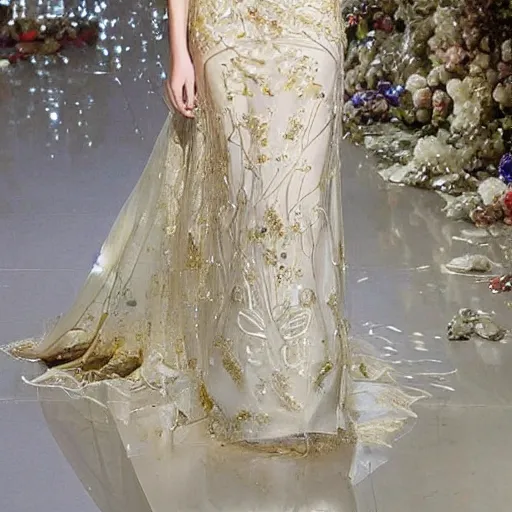 Image similar to a long wedding dress with a train made of flower petals made of light - colored fabric. transparent in places. in places, patterns of precious stones. intricate patterns of gold thin threads. fantasy. clear details