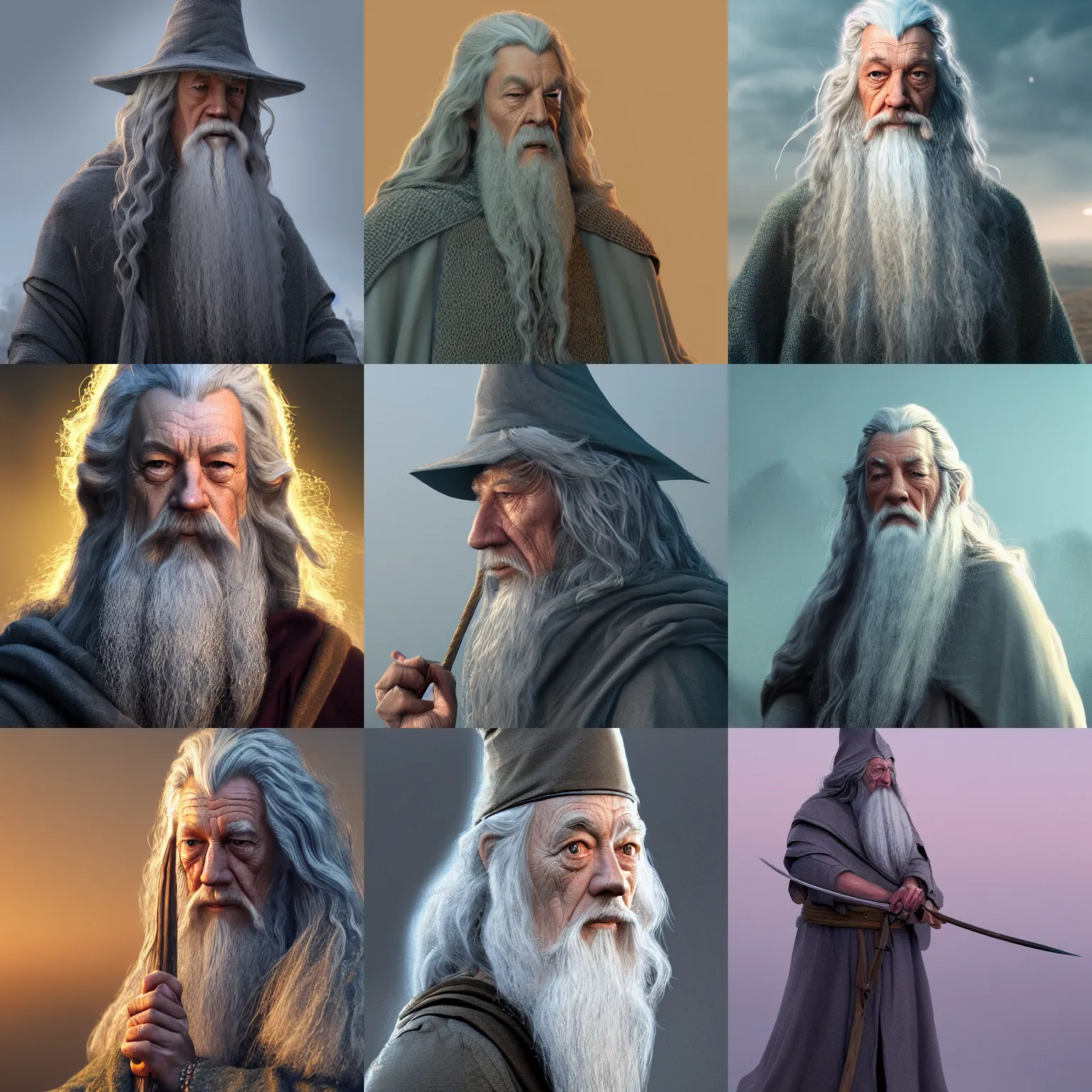 Prompt: Gandalf the Grey Wizard at golden hour by Alan Lee, full body concept art, intricate clothing, micro detail, octane render, 4K, art station
