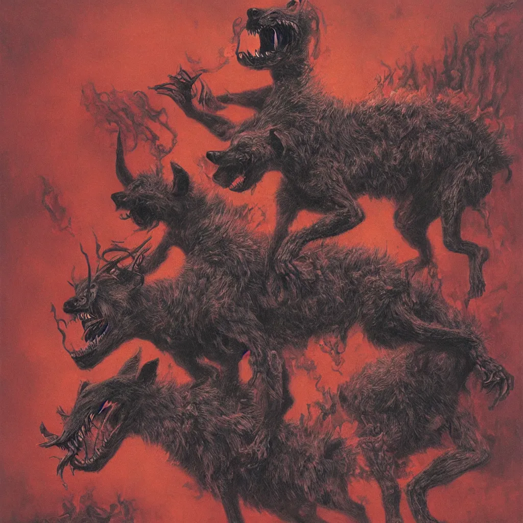 Prompt: demonic and deformed hyena, breathing fire out of its mouth, in the style of zdislaw beksinski