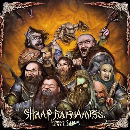 Image similar to album cover for an album of an epic fantasy metal band composed of five fantasy dwarfs, the band is called the sharp dwarves