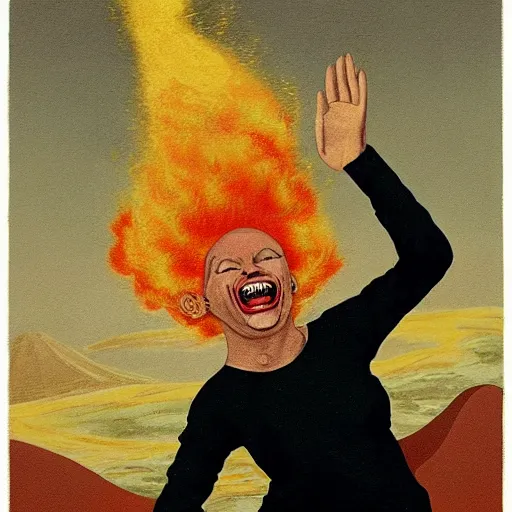 Prompt: “ a bald woman running from an erupting volcano while holding her wig and screaming ”
