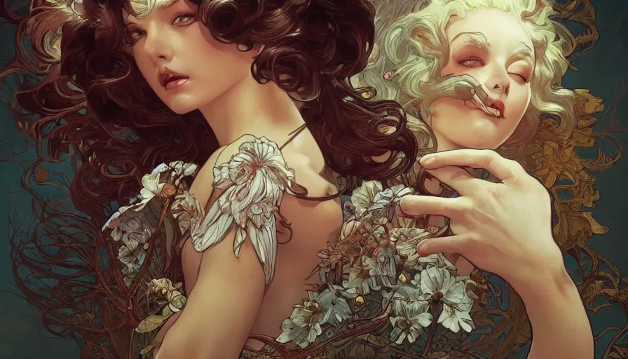 Image similar to masterpiece, pinup, mcfarlane, fibonacci, sweat drops, insane, horror, intricate, highly detailed, digital painting, artstation, concept art, smooth, sharp focus, illustration, Unreal Engine 5, 8K, art by artgerm and greg rutkowski and alphonse mucha