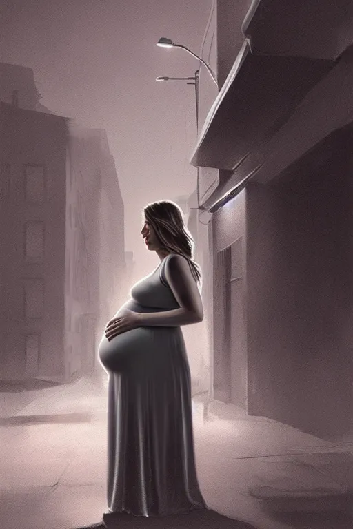 Image similar to pregnant woman under street light, highly detailed, sharp focused, ultra realistic digital concept art by gre