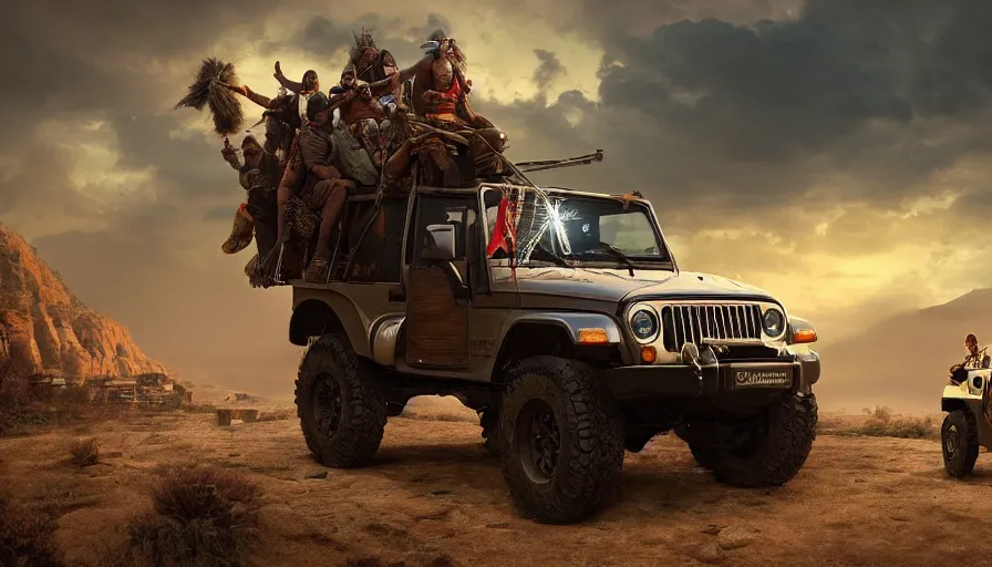Prompt: Mahindra thar, tribe members watching nearby, an epic fantasy, dramatic lighting, cinematic, establishing shot, extremely high detail, photorealistic, cinematic lighting, artstation, by steven spielberg, horizon forbidden west