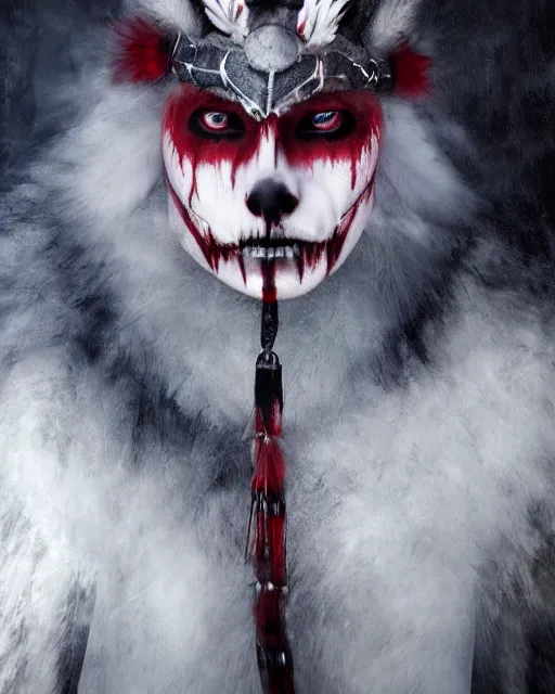 Prompt: wolf - human ghost - spirit of the grim - warpaint wears the scarlet skull armor and native blood headdress feathers, midnight fog - mist!, dark oil painting colors, realism, cinematic lighting, various refining methods, micro macro autofocus, ultra definition, award winning photo, photograph by ghostwave - gammell - giger - shadowlord
