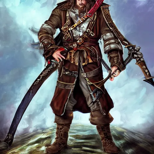 Prompt: Pirate Captain, who is a druid urban bounty hunter, wielding crossbow and a sword, wearing leather armor, standing on the ship, with one hand resting on the hilt of his sword, aiming with his crossbow fantasy roman empire setting, high quality concept art