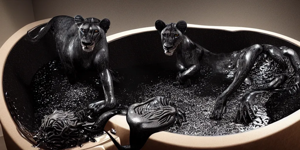 Image similar to a black lioness made of ferrofluid bathing inside the bathtub full of tar, covered with tar. dslr, photography, realism, animal photography, color, modern bathroom, hyper realistic, 8 k resolution, unreal engine 5, raytracing