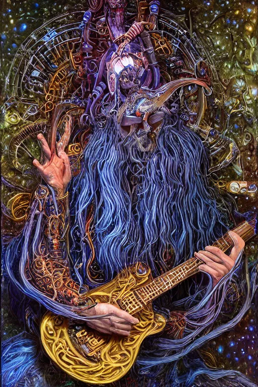 Prompt: portrait of a druid playing an electronic!!-musical-instruments, intricate, stunning, highly detailed, digital painting, artstation, concept art, smooth, sharp, focus, illustration, michael whelan, inside an a space station recording studio filled with strange surrealist detailed alien electronic and acoustic musical-instruments!! with blinking LEDs and oscilloscopes on screens in detailed alien interiors, backlit fog, designed by Larry Elmore Kerlaft and Pixar, photorealistic, 3d render, award winning render, unreal engine, octane render, studio lighting, 8k, hd