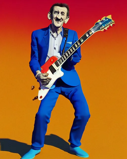 Image similar to barry chuckle ( shredding on a gibson les paul. guitar solo, bold, art by stanisław szukalski, 3 d rendering by beeple )