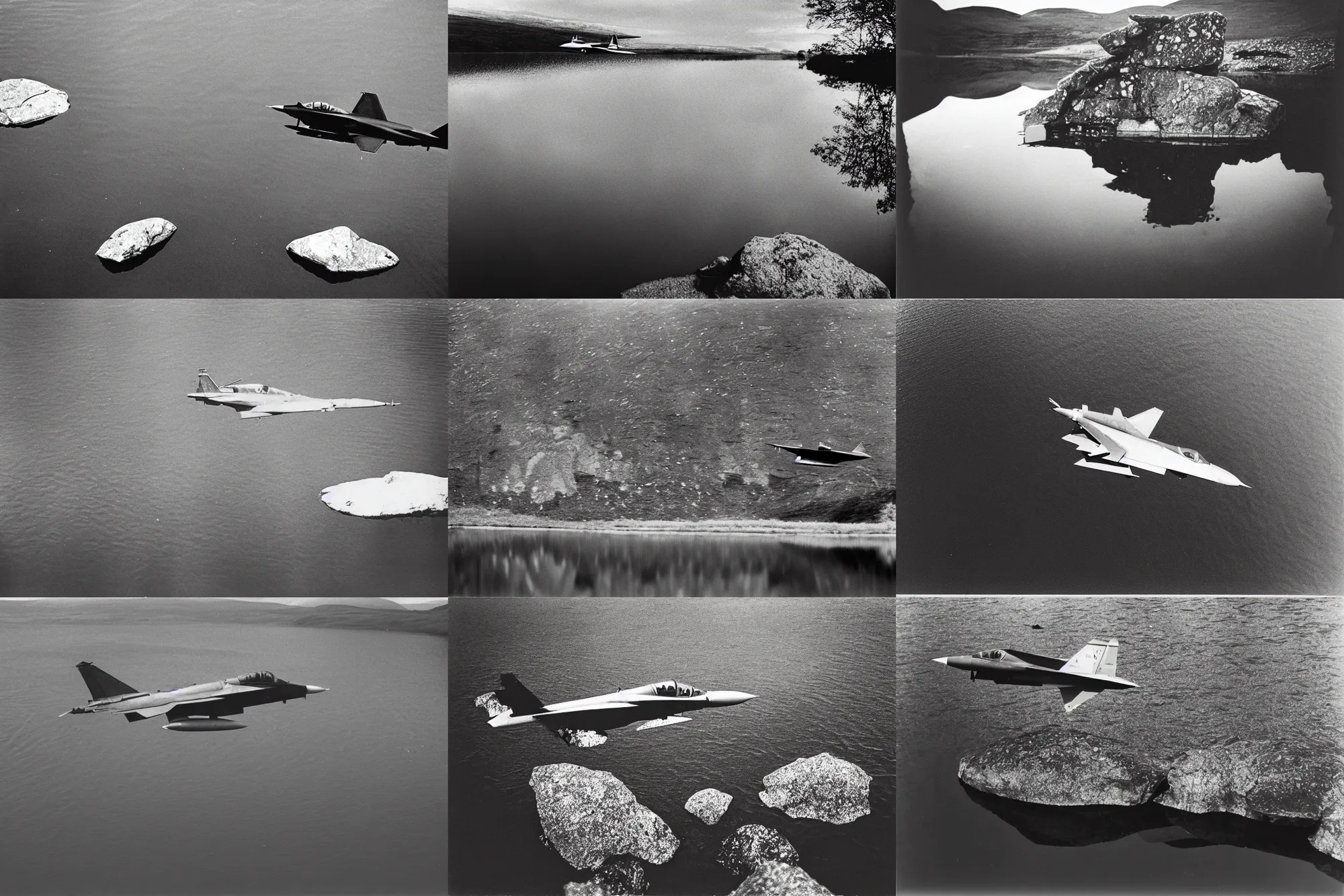 Prompt: classified fighter jet flying low reflecting in still pond with rocks, film grain, 3 5 mm lens, scottish highlands, government archive