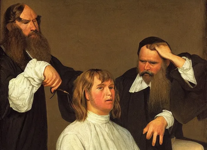 Prompt: judge wearing a wig is making a haircut to another judge with a wig, by ivan shishkin