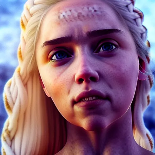 Image similar to a selfie of daenerys targaryen played by a young scarlett johansson, smooth skin, purple eye color, ethereal beauty, medium shot, detailed eyes, vivid, golden hour