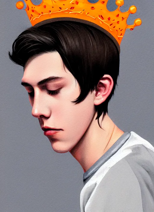 Image similar to portrait of teenage jughead jones wearing a light grey crown, symmetrical crown, hamburger background, eyes closed, crown, black hair, orange, intricate, elegant, glowing lights, warm lighting, highly detailed, digital painting, artstation, concept art, smooth, sharp focus, illustration, art by wlop, mars ravelo and greg rutkowski