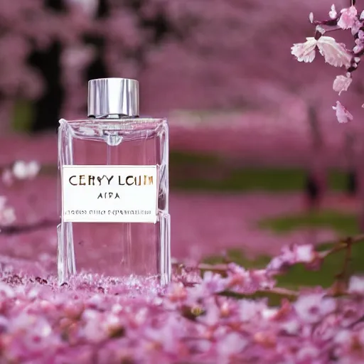 Image similar to perfume buried in cherry - blossom petals with a blurred floral garden in the background