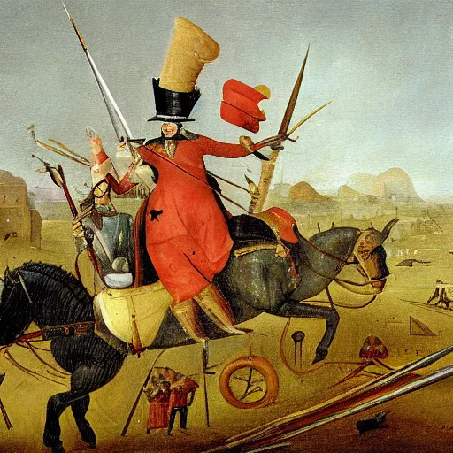 Prompt: a painting of napoleonic warfare, in the style of hieronymus bosch.