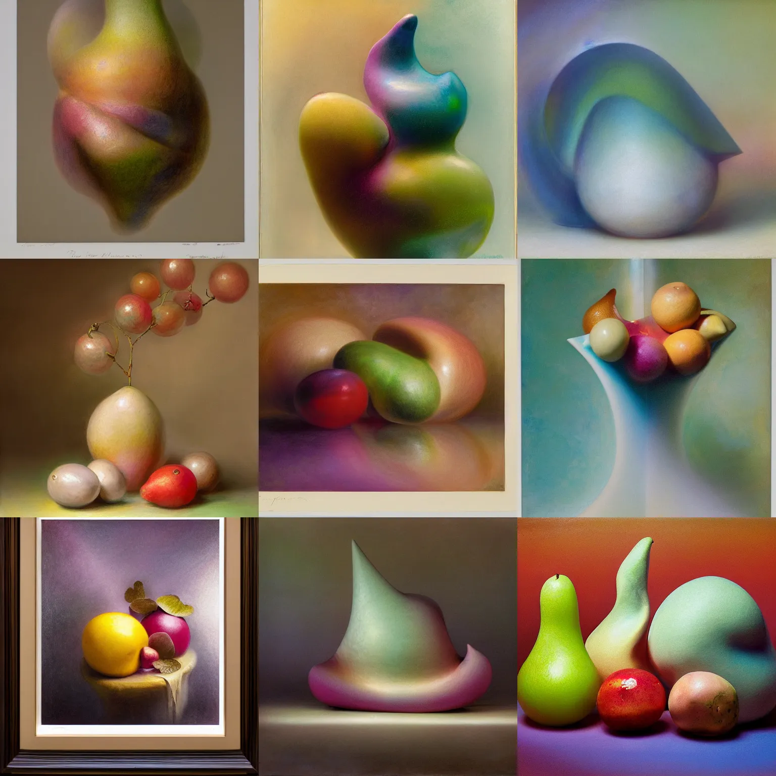 Prompt: one balanced asymmetrical biomorphic form with ombre light pastel colors, by thomas moran, professional fruit photography