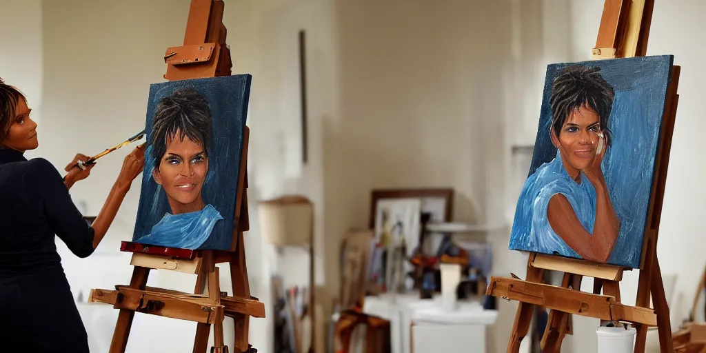 Image similar to halle berry, stands at her easel, painting a self portrait