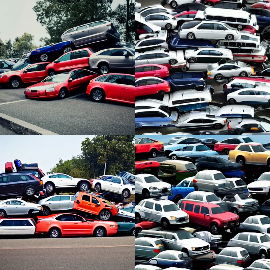 Prompt: pile of cars one on top of each other