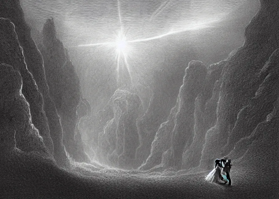 Image similar to light beam being appears suddenly in front of a hooded figure in a black robe standing in a flower meadow, flower meadow landsape in dark pits of a canyon, illustration by Gustave Dore, 18th century drawing , black and white, highly detailed, 4k, concept art, artstation