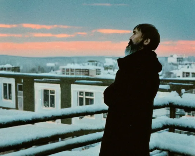 Image similar to lomographic tarkovsky film still of 4 0 years russian man with beard and sweater standing on small hrushevka 9 th floor balcony in taiga looking at sunset, cinestill, bokeh