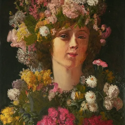 Prompt: portrait of a woman made of flowers and smoke