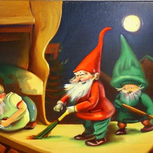 Image similar to vintage painting of gnomes invading a house at night, father defending family with a broom,